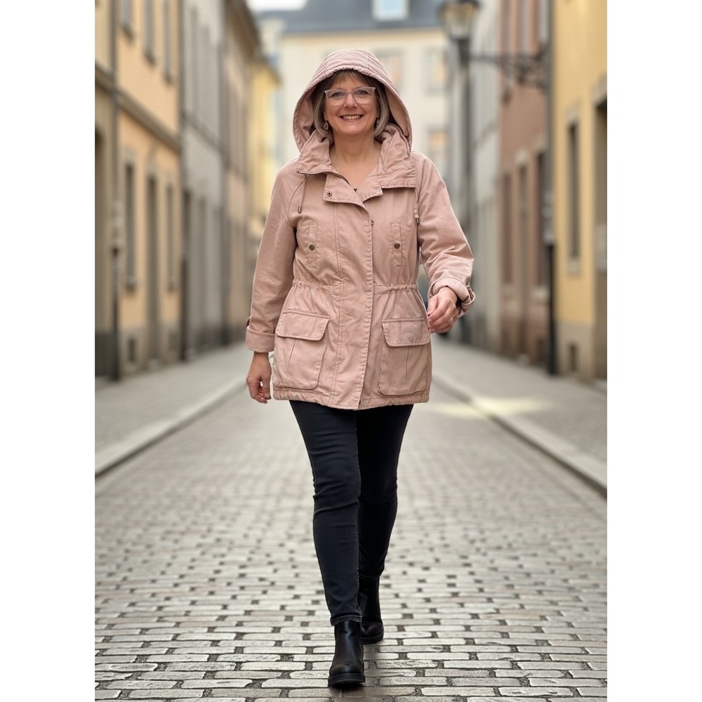 Willow Clay Khaki Pink Utility Anorak Jacket roll-up Hood cotton cinch waist M